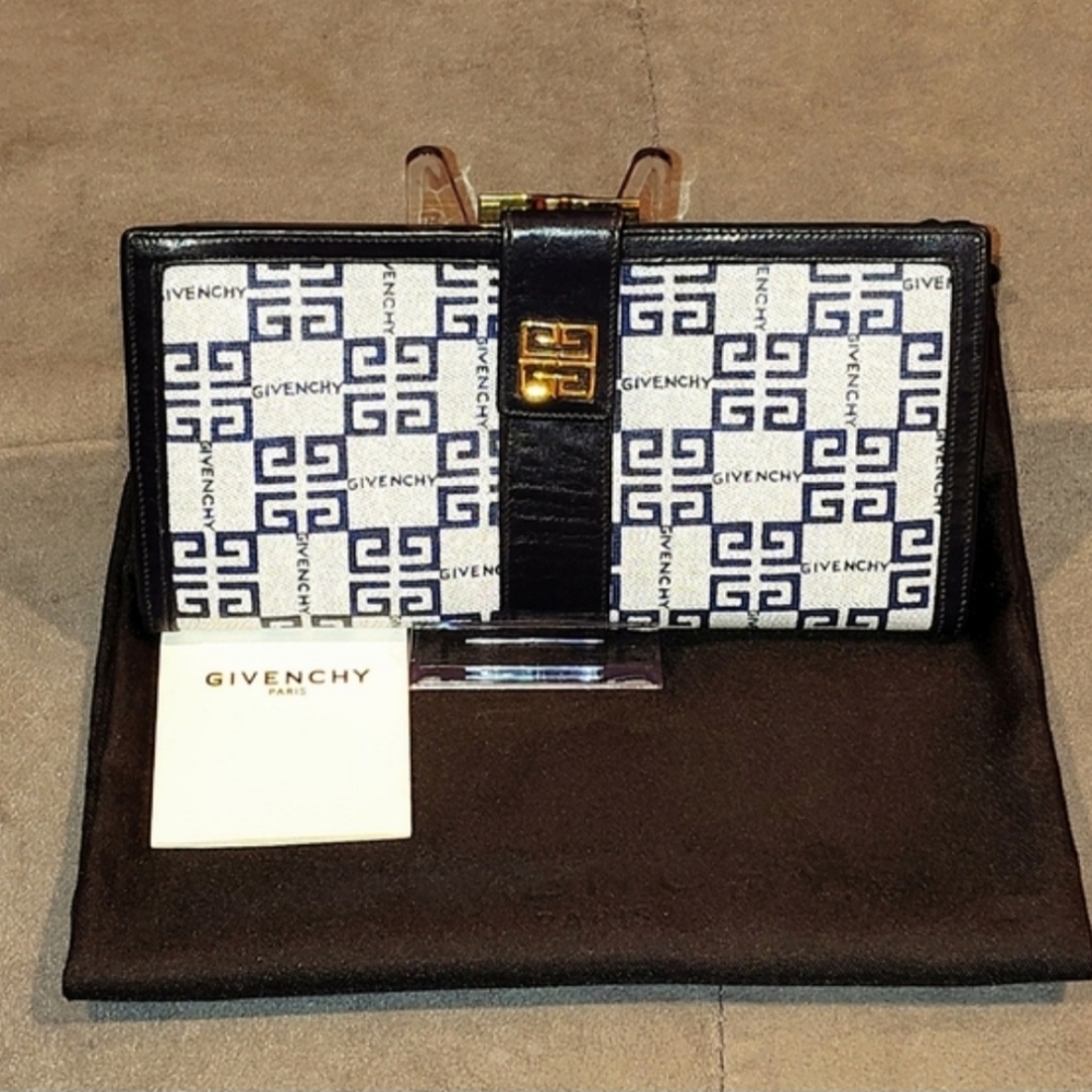 NWOT VINTAGE GIVENCHY NAVY BLUE MONOGRAM BI-FOLD SNAP LONG WALLET WITH DUSTBAG - Picture 2 of 14